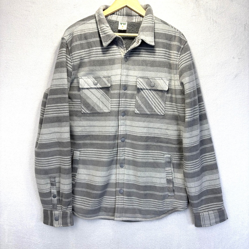 Voyager Sherpa Fleece Shacket Shirt Jacket Mens Large Gray Striped Snap Up Lined
